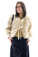 Ribbon tie up soft crop fur jacket