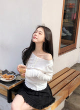 Off Shoulder Half Button Slim T-shirt (3color)