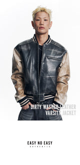 ダーディーウォッシュドレザーバーシティージャケット - ブラック