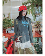 UnsocialNight original literary wool contrast colour フラワーアレンジメントプリントツイードジャケット detachableレースコート