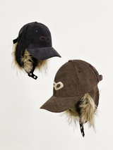 RELABEL Corduroy Retro Logo Embroidered Earflap Gradient High-Puff Faux Fur Contrast Colour Military-Style Baseball Cap