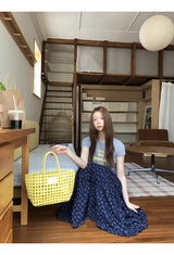 Cozy Navy Flower Frill Long Banding Skirt