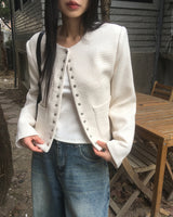 [MADE] Lame Snap Button No Collar Tweed Jacket