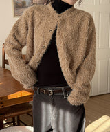Hairy crop round knit cardigan(3color)