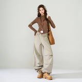 Light Brown Wash Fold Detail Wide Leg Jeans