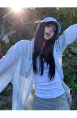 blue striped sun-cut loose-fit shirt