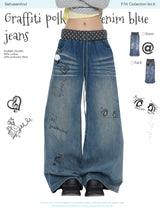 BETWEENAND "Breaking the Rules" Winter Graffiti Polka Dot Splicing Denim Blue Washed Wrinkle Jeans