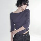  [Riabu] boat Neck Three-quarter sleeve cropped T-shirt - 4 color