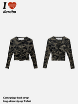 Camo plage back strap long-sleeve zip-up T-shirt