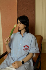 Blue Stripe Pocket short-sleeved Shirt [Unisex]