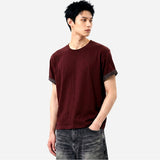 ロールスリーブクロップド半袖Tシャツ バーガンディ