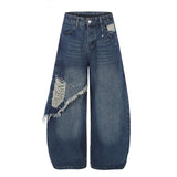 Star Stud Distressed Wide Denim Pants