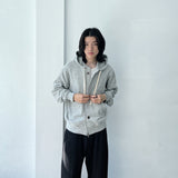 Button Detail Thick Drawstring Zip Hoodie