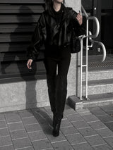 high neck cropped leather jacket