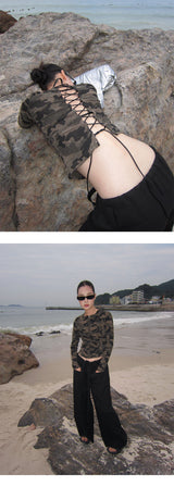 Camo plage back strap long-sleeve zip-up T-shirt