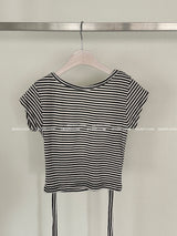 ストライプバックレスリボンクロップショートスリーブTシャツ