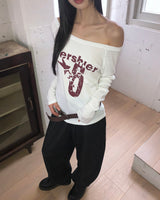 Dua Number Star-printing unbalanced オフショルダーロングスリーブTシャツ