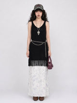 FRINGE-HEM KNIT V-NECK DRESS IN BLACK