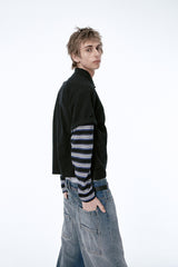 (BASE) LAYERED STRIPE POLO L/S TEE (NAVY)