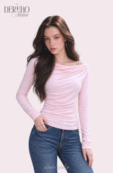 Flow lip shirring pink long-sleeve tee