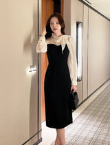 26SS★ Melage Chiffon Color Matching Tie H-Line One Piece