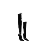 Colorful Bridge | Asymmetrical Over-the-Knee Boots for Women with Belt Clip, Patent Leather, Thin Heels, Pointed Toe, Elastic Boots