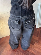 Rough Muse Tassel Ball Stud Wide Long Denim Pants