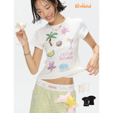 BETWEENAND Women's New Short-Sleeve T-Shirt with Colorful Island Pearl Embroidery and Two-Tone Design