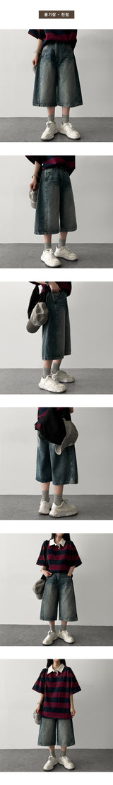 Tor Side Pintuck Slit Denim Bermuda Shorts