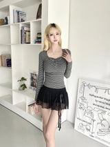 1484. ドットシャーリングシフォンリボンスカートパンツ (3color)