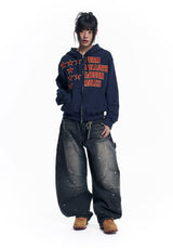 Star Lettering Patch Hoodie Zip-Up - Navy