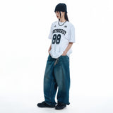 Lettering Wide Denim Pants - DEEP BLUE