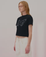 テキストバタフライクロップTシャツ-BLACK