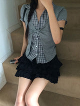 ソレン チェック シャツ レイヤード ツイスト ショート スリーブ Tシャツ