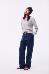 JACQUARD STRIPE TOTEM PRINT CUFF HOLLOW EMBROIDERY RAW-EDGE BASE LAYER LONG SLEEVE