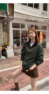 ディープグリーンストライプカラーオーバーサイズフィットロングスリーブTシャツ