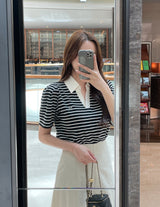ヘデンオープン襟付きボーダーパフ半袖Tシャツ