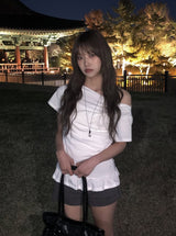 リビー フリル シャーリング オフショルダー ショートスリーブ Tシャツ