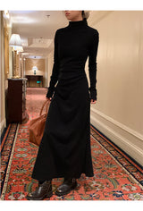 Half Turtleneck Black Flared Long Dress