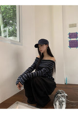 Stripe Slim Off-Shoulder Long-Sleeved Knit T-Shirt