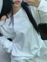 レタリングオフショルダーUネックロングスリーブTシャツ 🩶🤍🖤3カラー