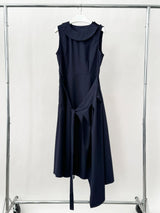 Navy Pleats Wrap Long Sleeveless Dress