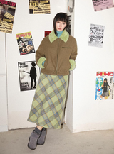 Contrast color tweed check retro high-waisted A-line skirt