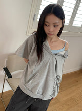 ハカンジチェックカラーボタンフード半袖Tシャツ