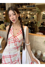 Red checkered V-neck sleeveless long dress