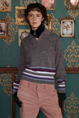 ALPACA STRIPE KNIT POLO SHIRT / CHARCOAL