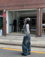 (Unisex) ボタンダメージデニムパンツ
