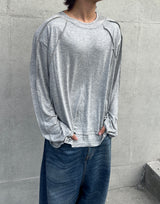 アンバランスネックラインスラッシュカットレイヤードTシャツ(グレー)