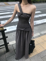 ムードラ ドレープ シャーリング スリーブレス マキシ ロング ドレス