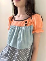 UnsocialNight 夏季新作 オリジナルデザイン ドット柄切替 ふんわりバルーン袖 ガーリー花蕾シルエット ワンピース レディース
